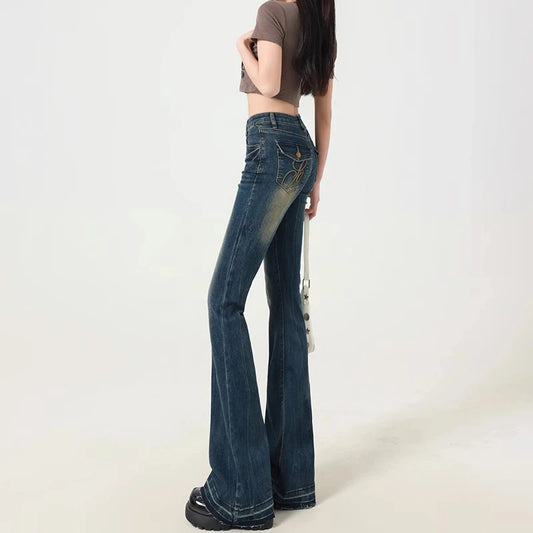 Y2k Blue Flared Jeans Women Baggy Harajuku Streetwear Aesthetic Denim Pants Oversized Jean Trousers Vintage 2000s Trashy Clothes