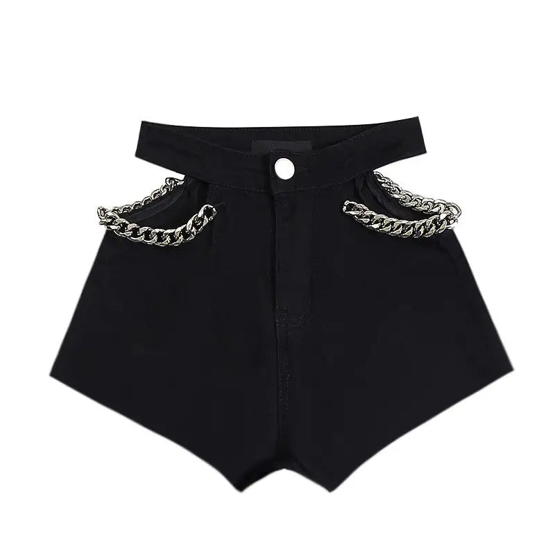 Pantaloncini di jeans scavati con catena da donna - Pantaloncini di jeans donna ATREND