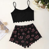 Women's Letter Crown Print Short Top and Shorts Casual Pajamas