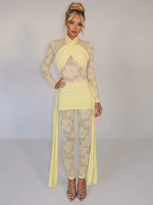 Jumpsuit patchwork in pizzo trasparente con volant drappeggiati da donna