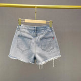 Pantaloncini di jeans strappati con stampa a lettere da donna - Pantaloncini di jeans donna ATREND