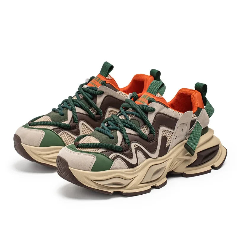 Sneakers chunky casual bicolor in pelle mesh traspirante da uomo