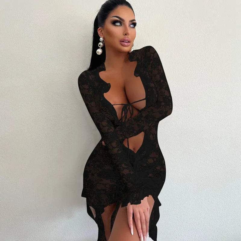 Mini abito sexy trasparente in pizzo scavato a maniche lunghe da donna - Abbigliamento Abiti ATREND