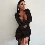Mini abito sexy trasparente in pizzo scavato a maniche lunghe da donna - Abbigliamento Abiti ATREND