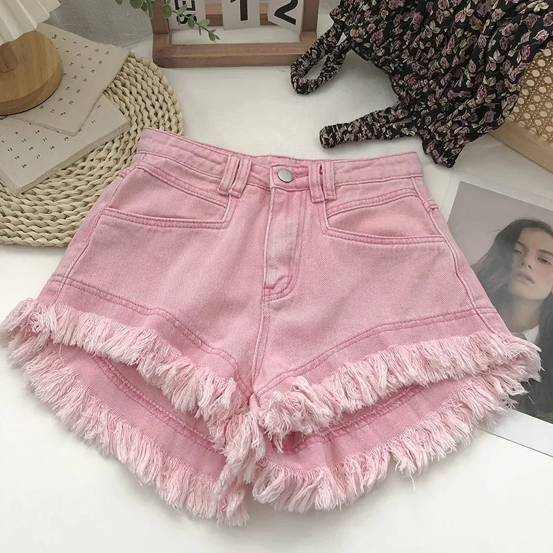 Pantaloncini di jeans a vita alta con frange da donna - Pantaloncini di jeans donna ATREND