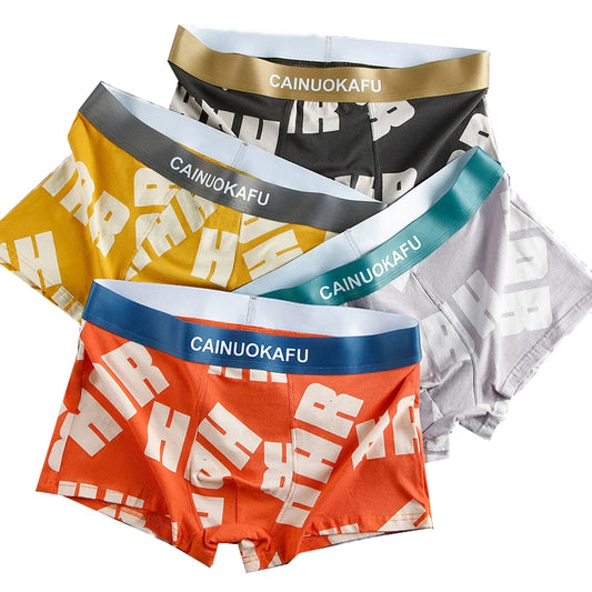 Men's 4 Piece Casual Boxer Briefs with Elastic Band and Letter Print