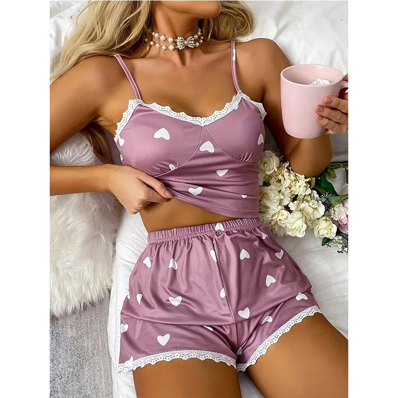 Women's Casual Heart Tank Top and Shorts Pajamas