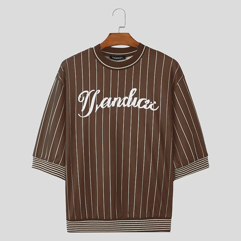 T-shirt casual a righe con bordo a contrasto e lettere da uomo - T-shirt uomo ATREND