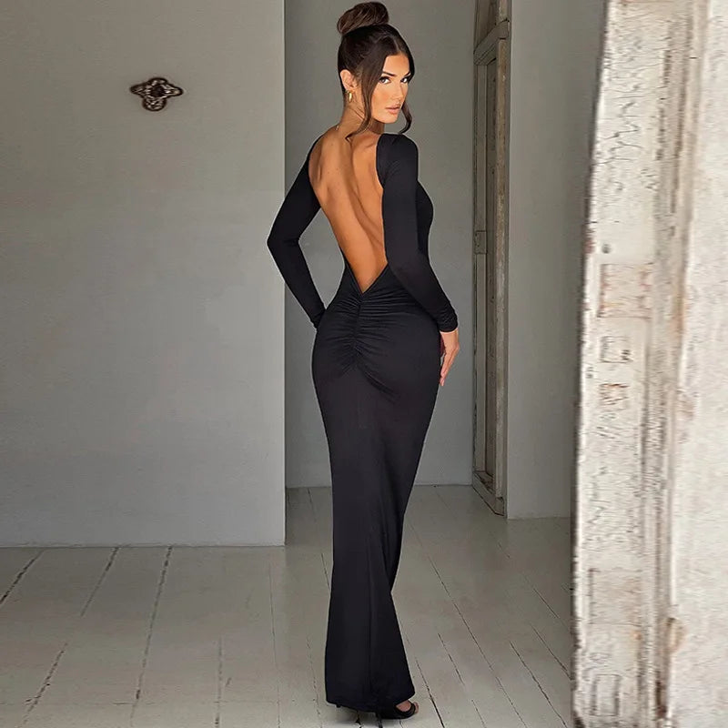 Abito lungo elegante scavato a maniche lunghe da donna - Abbigliamento Abiti ATREND