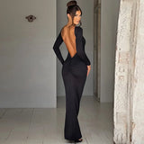 Abito lungo elegante scavato a maniche lunghe da donna - Abbigliamento Abiti ATREND