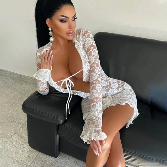 Mini abito sexy trasparente in pizzo scavato a maniche lunghe da donna - Abbigliamento Abiti ATREND