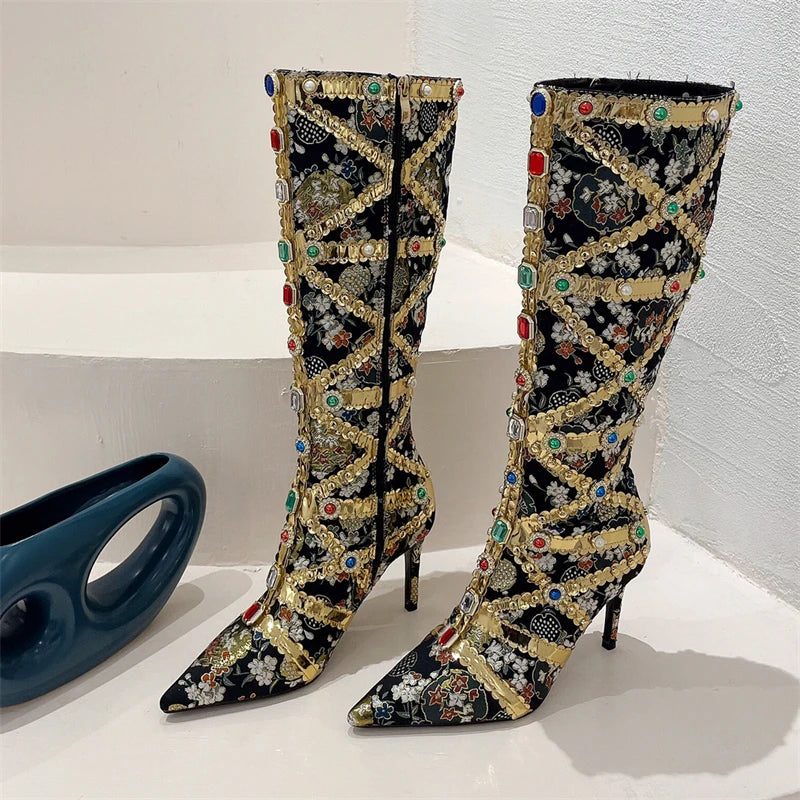 Stivali patchwork con bordo a contrasto e pietre colorate da donna - Stivali donna ATREND
