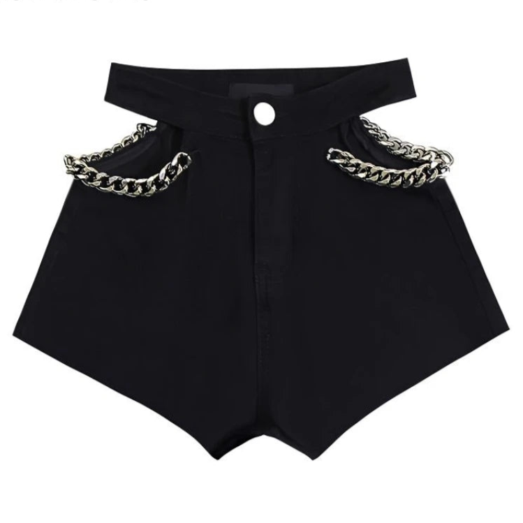 Pantaloncini di jeans scavati con catena da donna - Pantaloncini di jeans donna ATREND