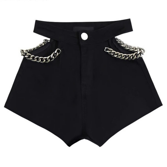 Pantaloncini di jeans scavati con catena da donna - Pantaloncini di jeans donna ATREND