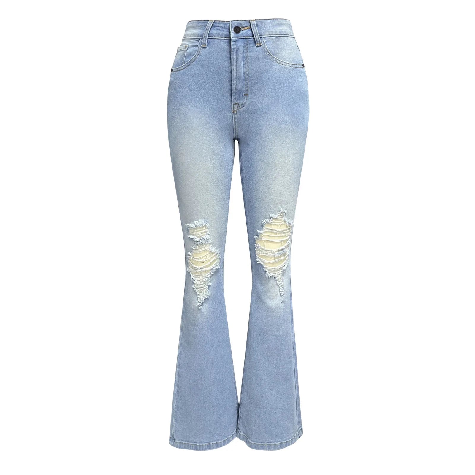 Women's Ripped Flare Jeans Mid Rise Wide Leg Bootcut Denim Pants Vintage Blue Streetwear Trousers