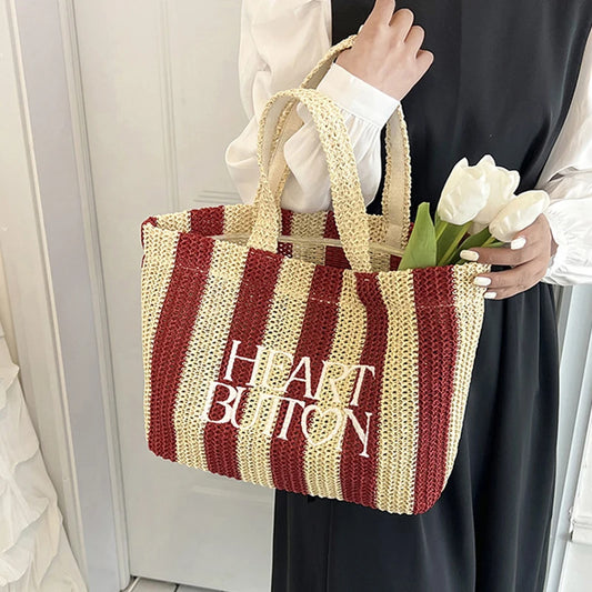Borsa a mano casual in cotone a righe con stampa a lettere da donna - Borsa a mano ATREND