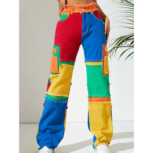 Women's Denim Pants Patchwork Distressed Color Fringe High Waist Zipper Jeans 2023 Autumn Winter Y2K Streetwear Sexy Club Outfit