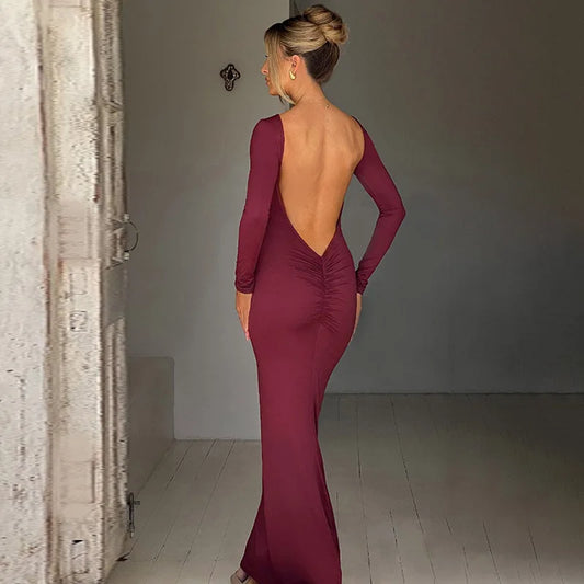 Abito lungo elegante scavato a maniche lunghe da donna - Abbigliamento Abiti ATREND