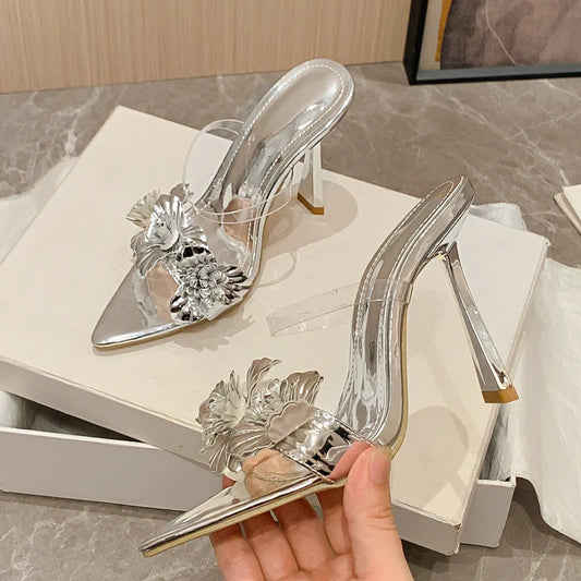 Sandali con doppia fascia trasparente e fiori da donna - Sandali donna ATREND