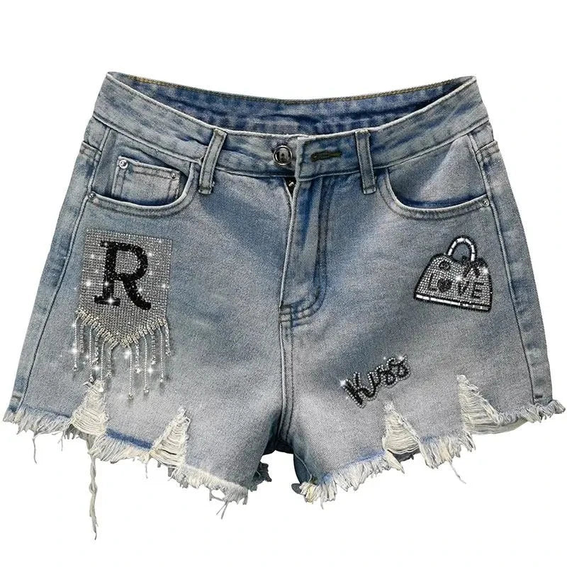 Pantaloncini di jeans strappati con stampa a lettere da donna - Pantaloncini di jeans donna ATREND