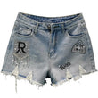 Pantaloncini di jeans strappati con stampa a lettere da donna - Pantaloncini di jeans donna ATREND