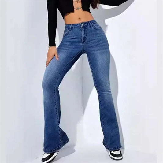 Fashion Women's Commuter Slim Fit Jeans Mid Waist Micro Flare Denim Pants Floor Length Washable Trousers Female Casual Streetwear