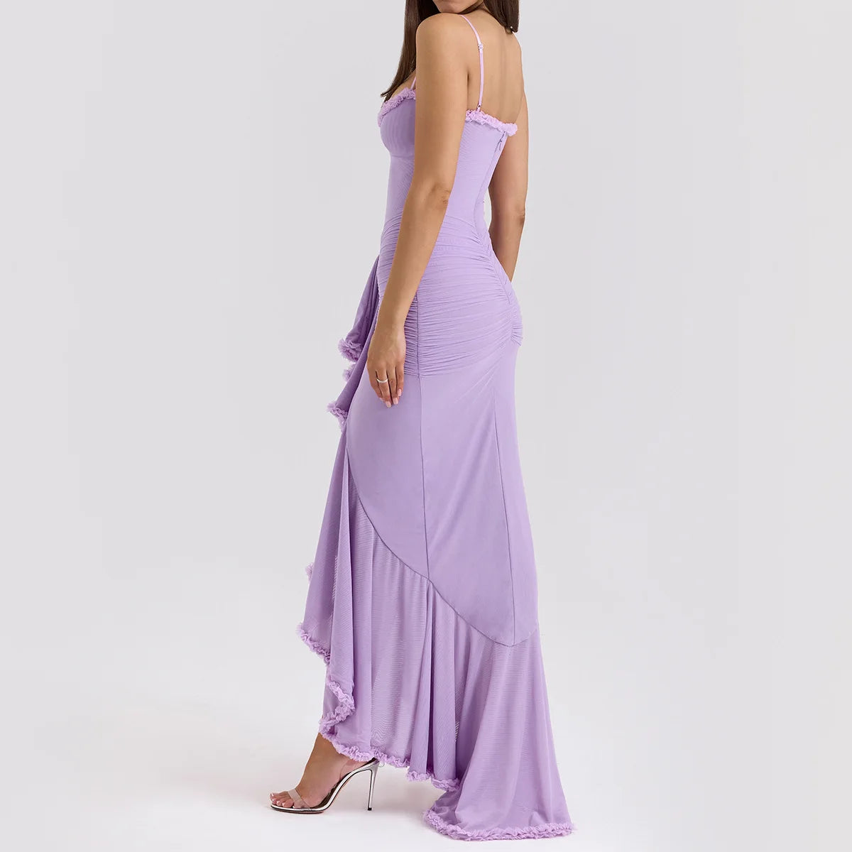 Abito lungo a fascia drappeggiato con bordo a contrasto in pizzo da donna - Abbigliamento Abiti ATREND