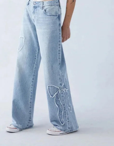 New Fashion Streetwear Bow Embroidered Baggy Jeans Women Y2K Harajuku Gothic High Waist Loose Pants Casual Popular Vintage