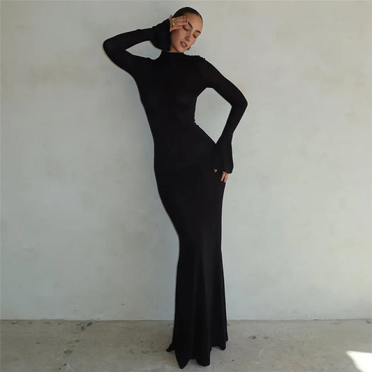 Abito lungo elegante scavato a maniche lunghe da donna - Abbigliamento Abiti ATREND