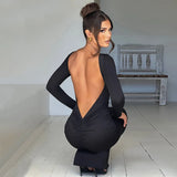 Abito lungo elegante scavato a maniche lunghe da donna - Abbigliamento Abiti ATREND