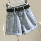 Pantaloncini di jeans casual a vita alta e gamba da donna - Pantaloncini di jeans donna ATREND