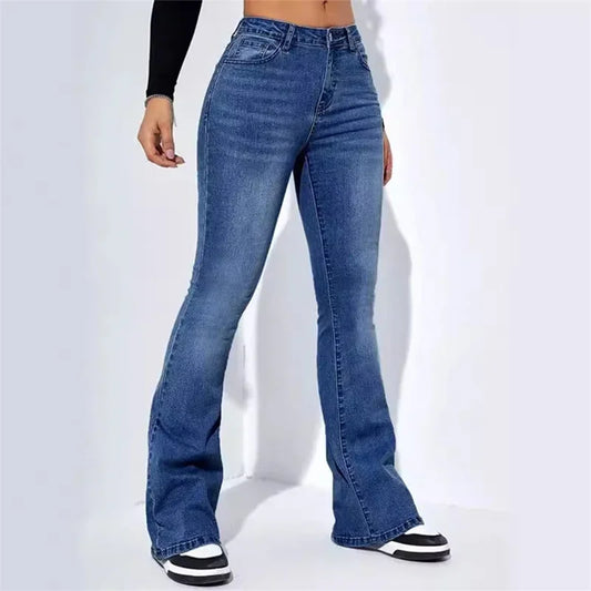 Fashion Women's Commuter Slim Fit Jeans Mid Waist Micro Flare Denim Pants Floor Length Washable Trousers Female Casual Streetwear