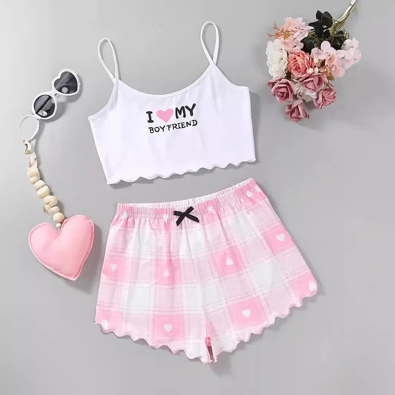 Pigiama casual top corto e pantaloncini con stampa grafica da donna - Pigiama donna ATREND
