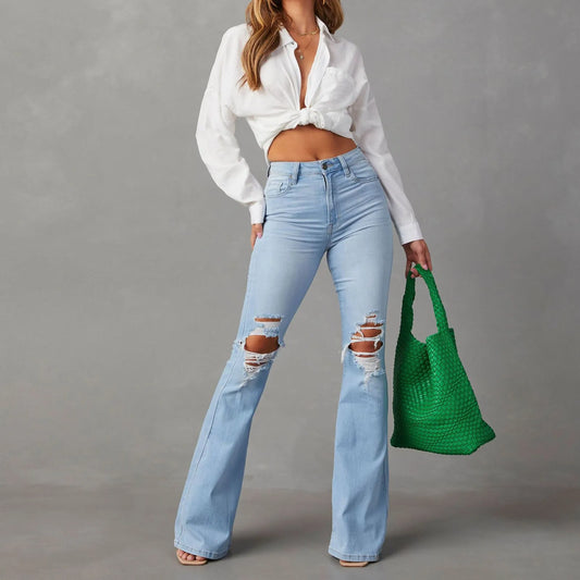 Women's Ripped Flare Jeans Mid Rise Wide Leg Bootcut Denim Pants Vintage Blue Streetwear Trousers