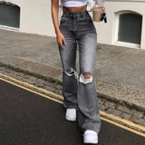 Women's Spring and Autumn New Fashion Casual Ripped High Waist Slightly Flared Jeans Slim Fit Washed Jeans Long Pants Y2k