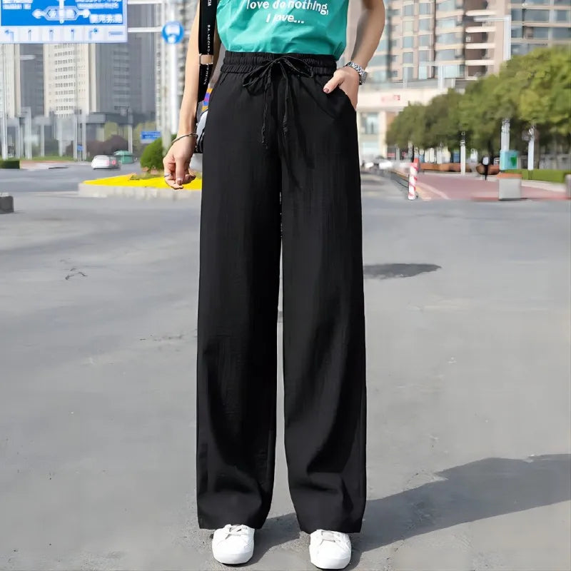 Pantaloni casual a gamba larga con fascia elastica in seta da donna - Pantaloni donna ATREND