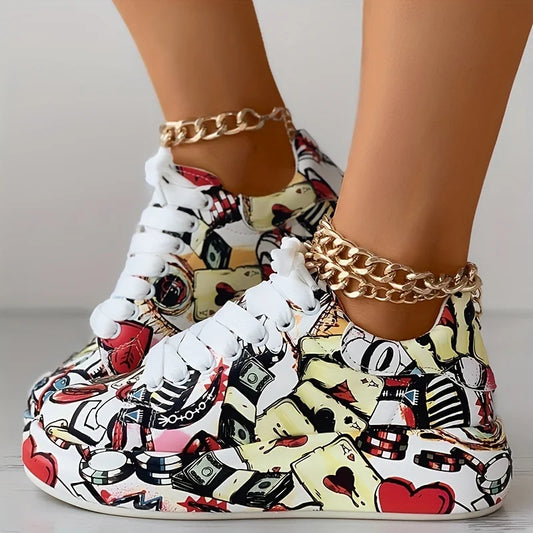 Zapatillas deportivas informales con cordones y estampado gráfico para mujer