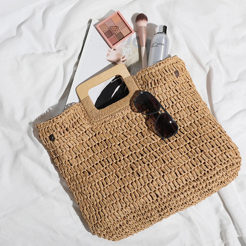 Borsa a mano casual in cotone con maniglia in legno da donna - Borsa a mano ATREND