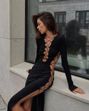 Abito lungo scavato con lacci e maniche lunghe da donna - Abbigliamento Abiti ATREND