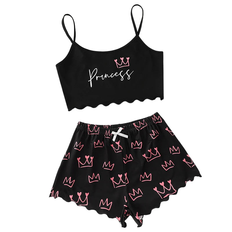 Women's Letter Crown Print Short Top and Shorts Casual Pajamas