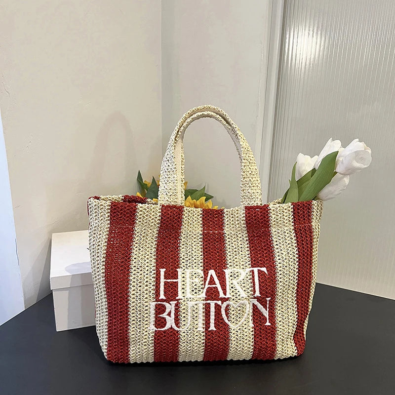 Borsa a mano casual in cotone a righe con stampa a lettere da donna - Borsa a mano ATREND