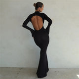 Abito lungo elegante scavato a maniche lunghe da donna - Abbigliamento Abiti ATREND