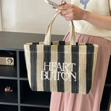 Borsa a mano casual in cotone a righe con stampa a lettere da donna - Borsa a mano ATREND