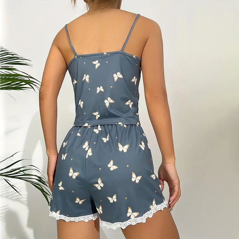 Pigiama casual canottiera e pantaloncini con farfalle e bordo a contrasto da donna - Pigiama donna ATREND