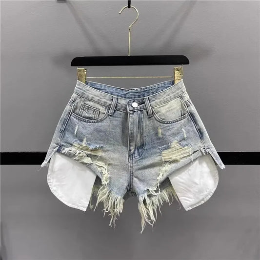 Pantaloncini di jeans strappati con frange da donna - Pantaloncini di jeans donna ATREND