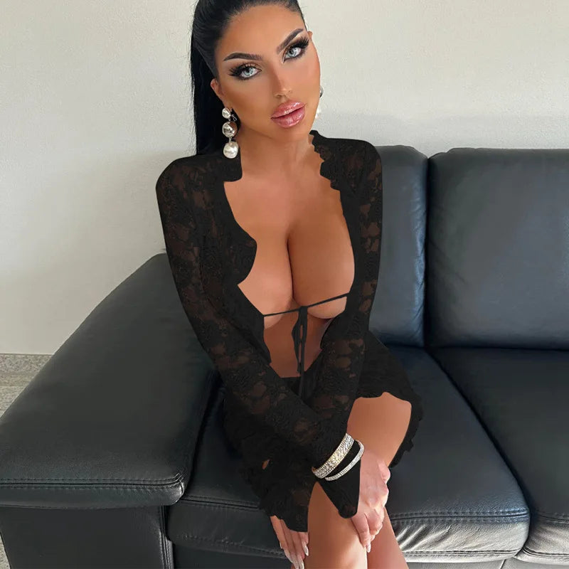 Mini abito sexy trasparente in pizzo scavato a maniche lunghe da donna - Abbigliamento Abiti ATREND