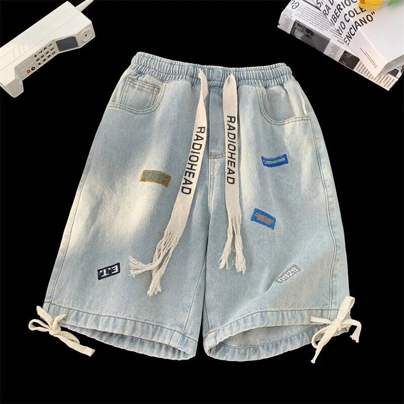 Pantaloncini di jeans con fascia elastica e stampa a lettere da uomo - Pantaloncini in jeans uomo ATREND