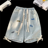 Pantaloncini di jeans con fascia elastica e stampa a lettere da uomo - Pantaloncini in jeans uomo ATREND
