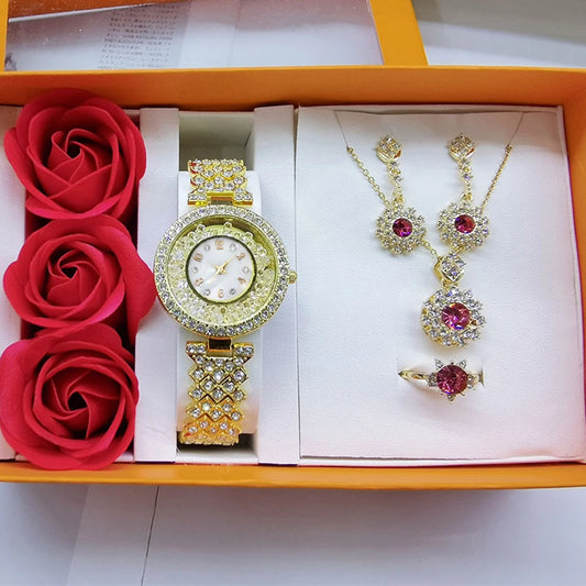 Set idea regalo orologio collana orecchini e anello con pietra rossa da donna - Idea regalo donna ATREND