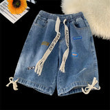 Pantaloncini di jeans con fascia elastica e stampa a lettere da uomo - Pantaloncini in jeans uomo ATREND